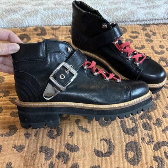 Marc Fisher Indre Leather Platform Lug Sole Hiker Boots Booties Black 6.5 Buckle - Picture 2 of 7